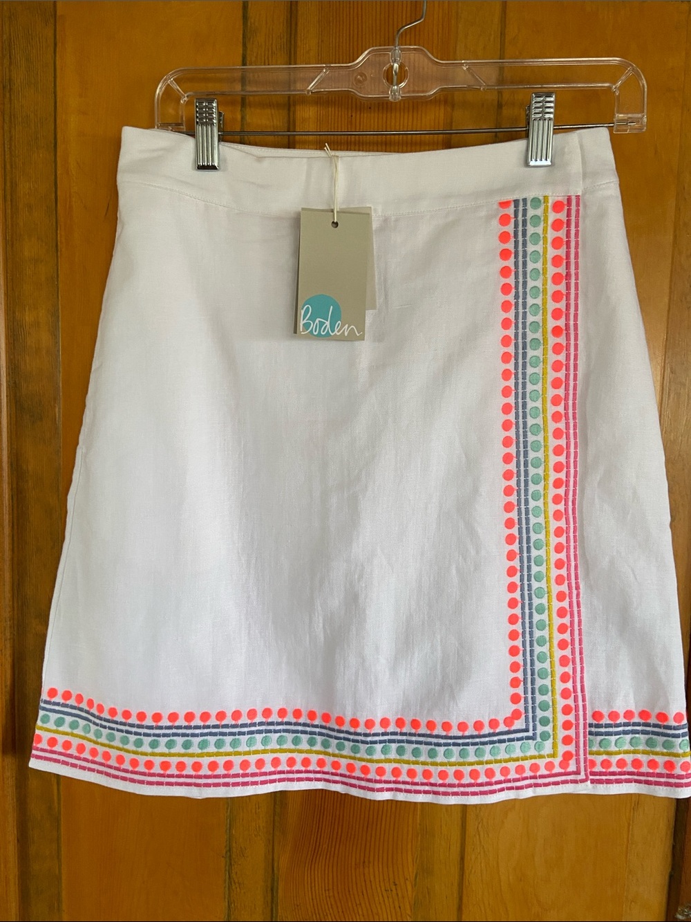 Boden White A-Line Skirt with Neon Pink & Green Trim